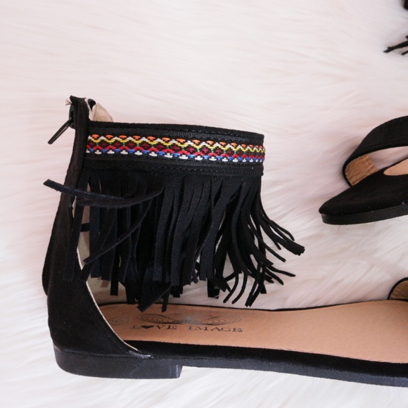 Boho Fringe Flat Sandals Black - Picture 6 of 8